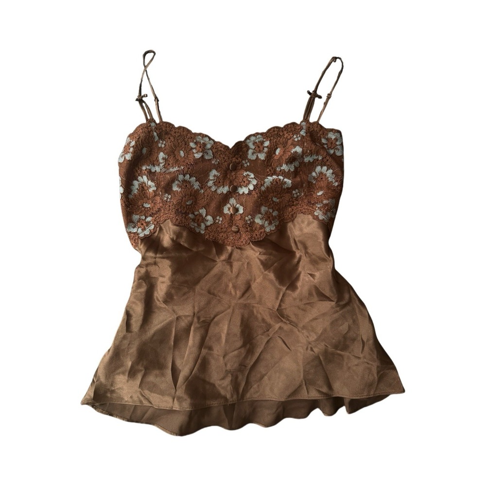 Cabernet Brown Blue Satin Lace Babydoll Adjustable Straps Top Size Med VTG 89